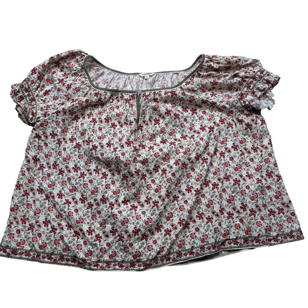 Max Studio London XL Floral Blouse Red White Green Trim‎ Cotton Rayon #943